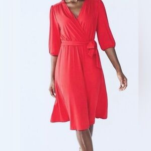 NWT Draper James RSVP Faux-Wrap Red Knit Midi Dress, Pockets!, Size XS